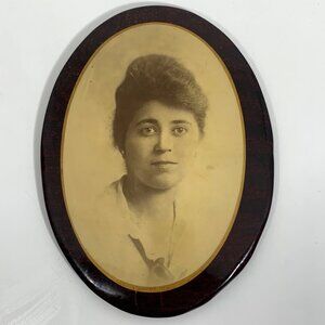 Antique Oval Celluloid Tin Sepia-Toned Portrait Beautiful Woman Frame NO STAND